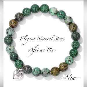 Elegant Natural Stone African Pine Green  Bracelet with Heart Charm 🌿🆕🌿